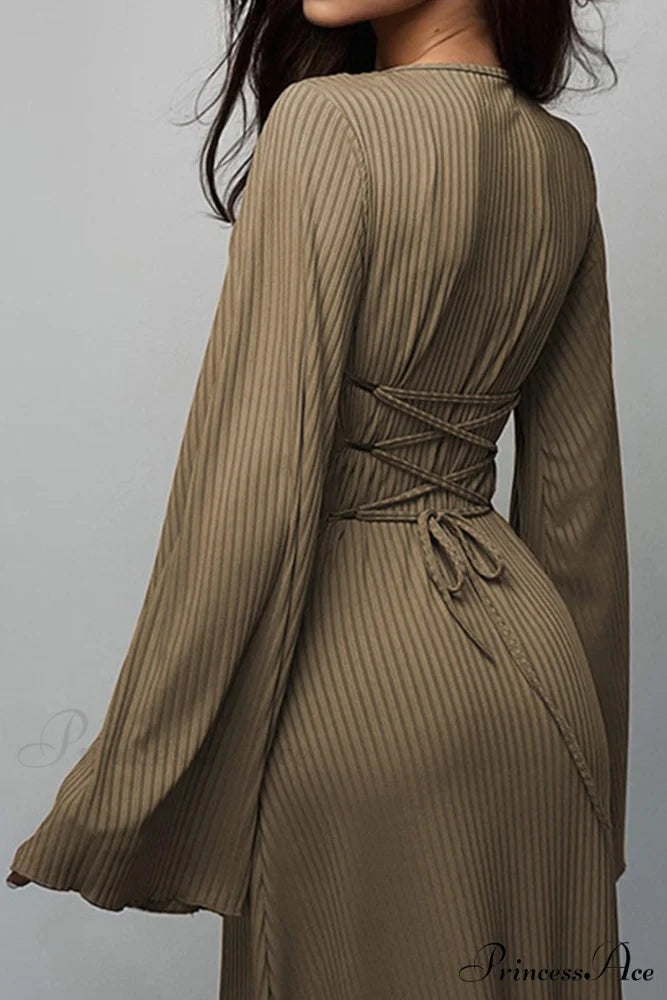 Ribbed Flares Sleeve Dress with Tie-back Khaki / M