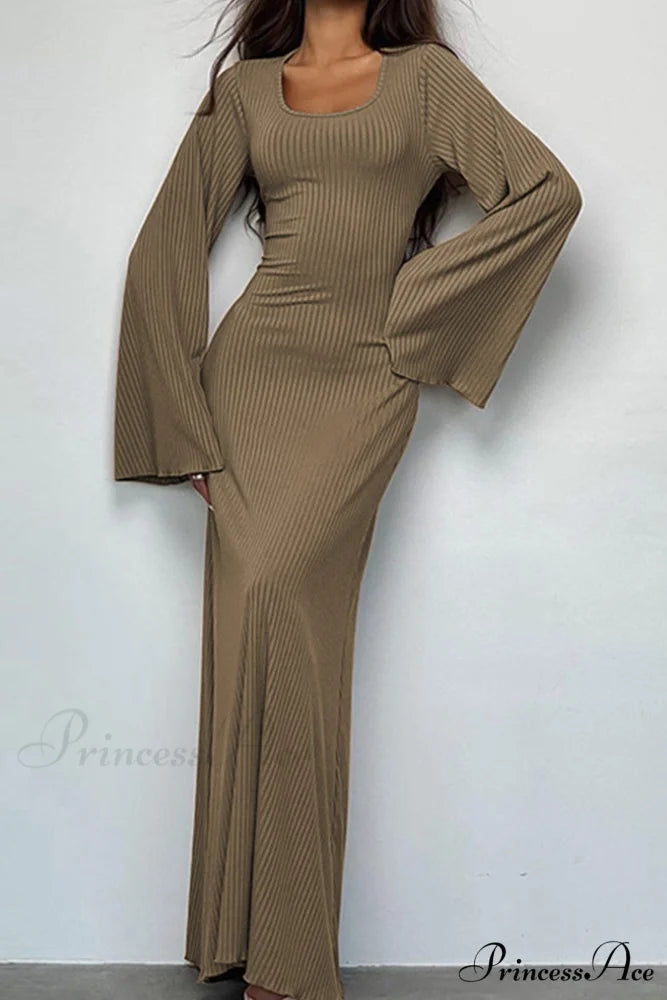 Ribbed Flares Sleeve Dress with Tie-back Khaki / S