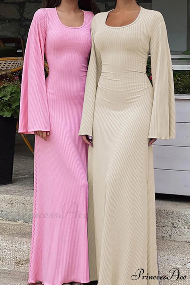 Ribbed Flares Sleeve Dress with Tie-back Pink / L