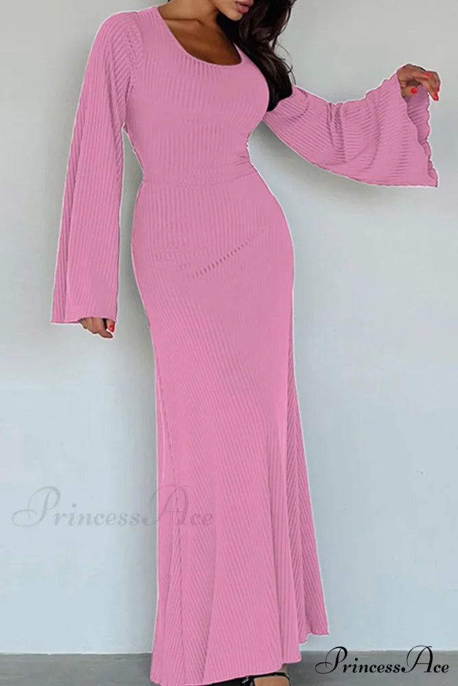 Ribbed Flares Sleeve Dress with Tie-back Pink / M
