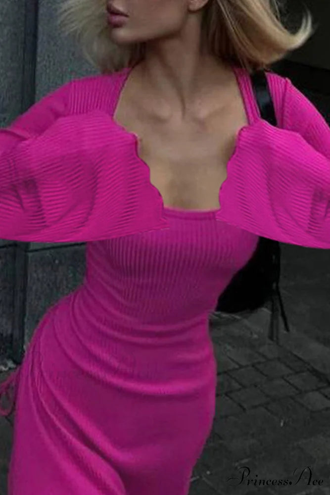 Ribbed Flares Sleeve Dress with Tie-back Rose / L