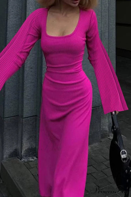 Ribbed Flares Sleeve Dress with Tie-back Rose / S