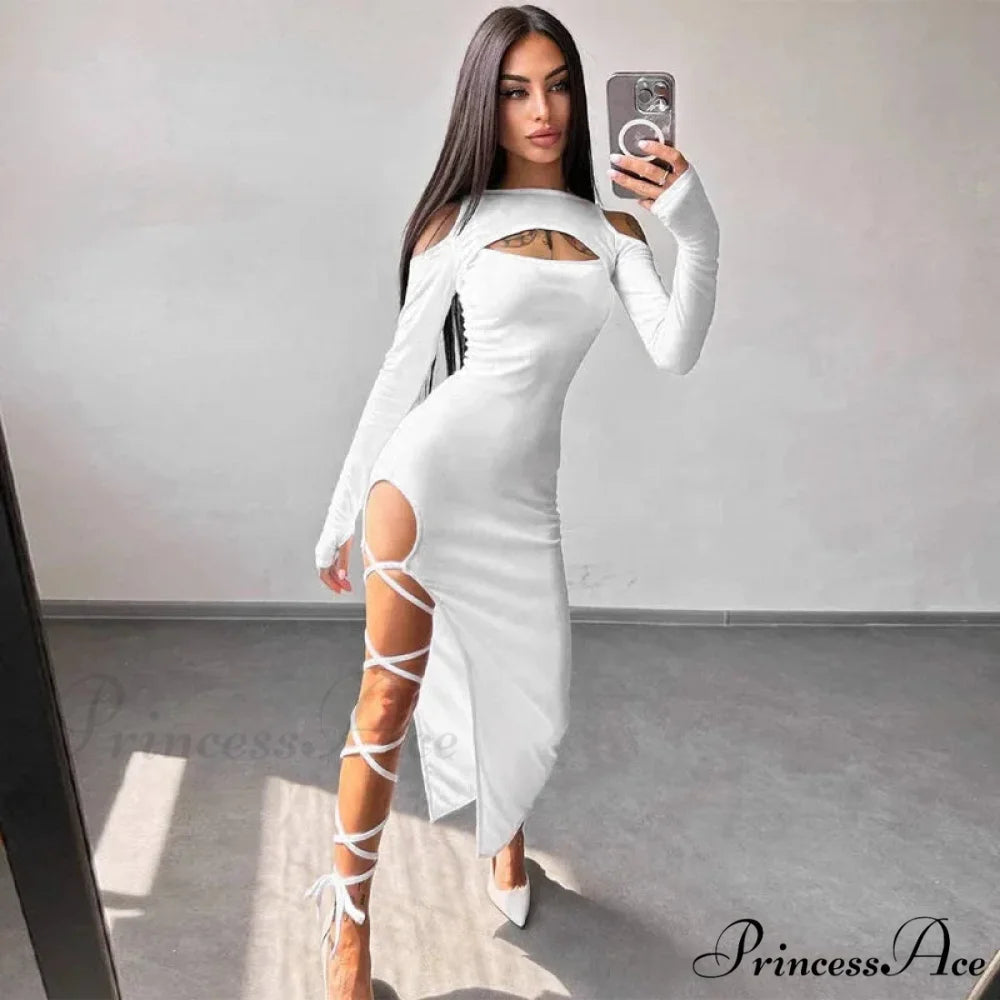 Ribbed Hollow Long Sleeve Off Shoulder Tie Up Party Clubwear Midi Dress WHITE / S