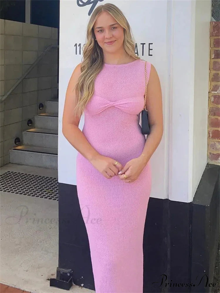 Ribbed Knit Bandeau Charming Sleeveless Midi Dress Pink / S