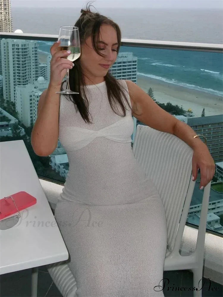 Ribbed Knit Bandeau Charming Sleeveless Midi Dress WHITE / S