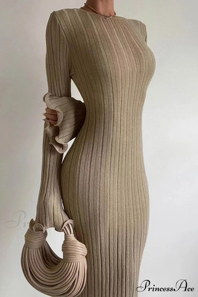 Ribbed Knit Dress with Long Flare Sleeves and Backless Design Khaki / S