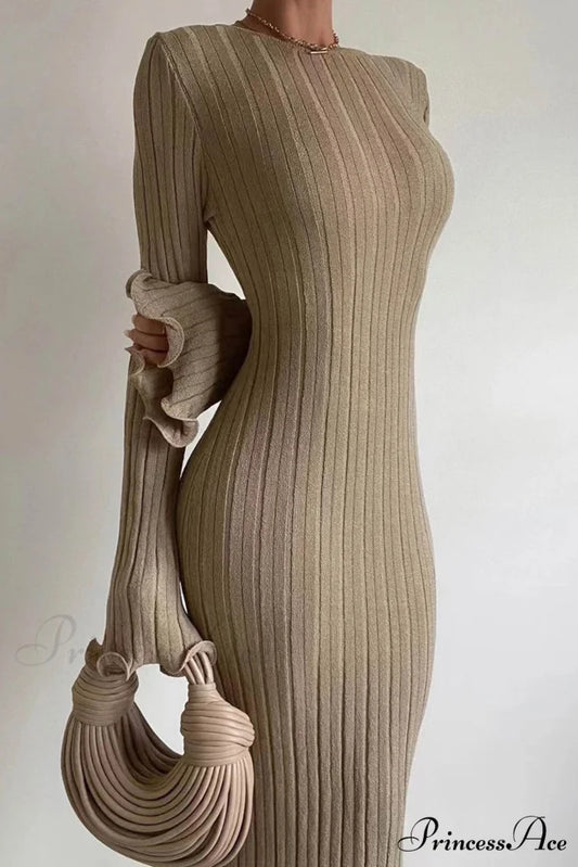Ribbed Knit Dress with Long Flare Sleeves and Backless Design Khaki / S
