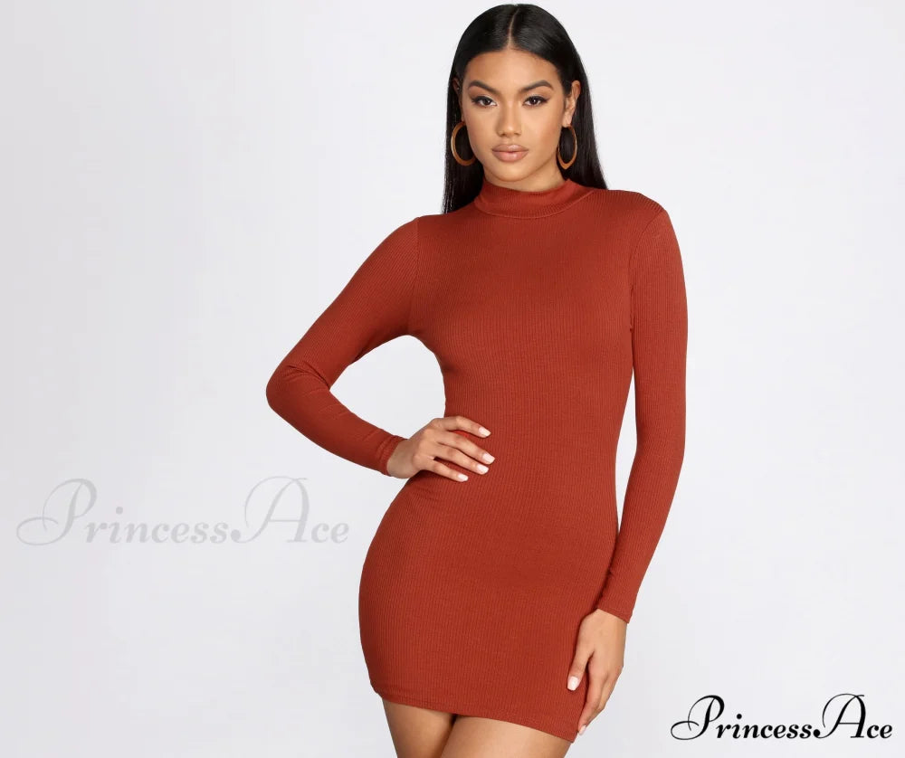 Ribbed Knit Mock Charming Neck Mini Dress RUST / XS