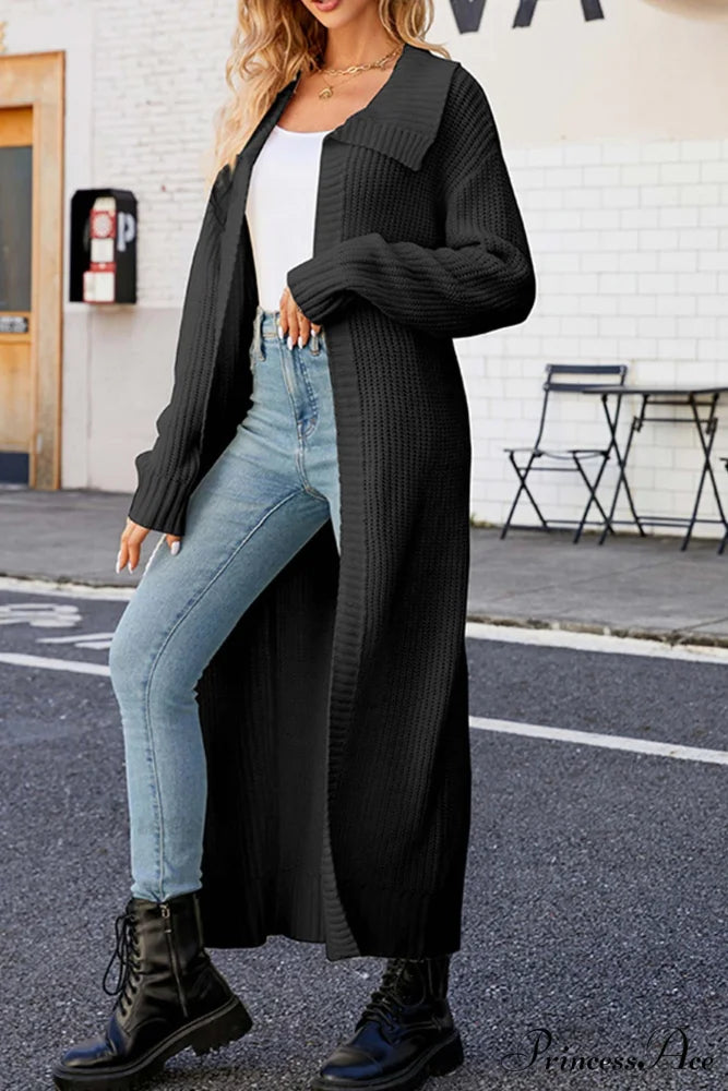 Ribbed Knit Open Front Cardigan with Lapel Black / S