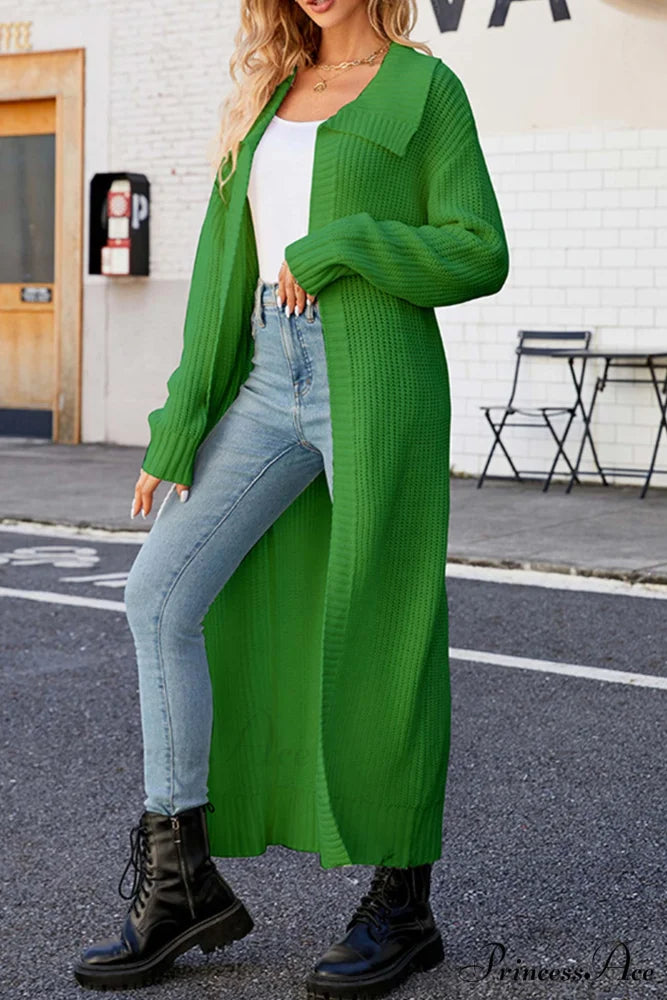 Ribbed Knit Open Front Cardigan with Lapel Green / S