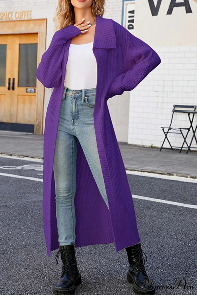 Ribbed Knit Open Front Cardigan with Lapel Purple / S