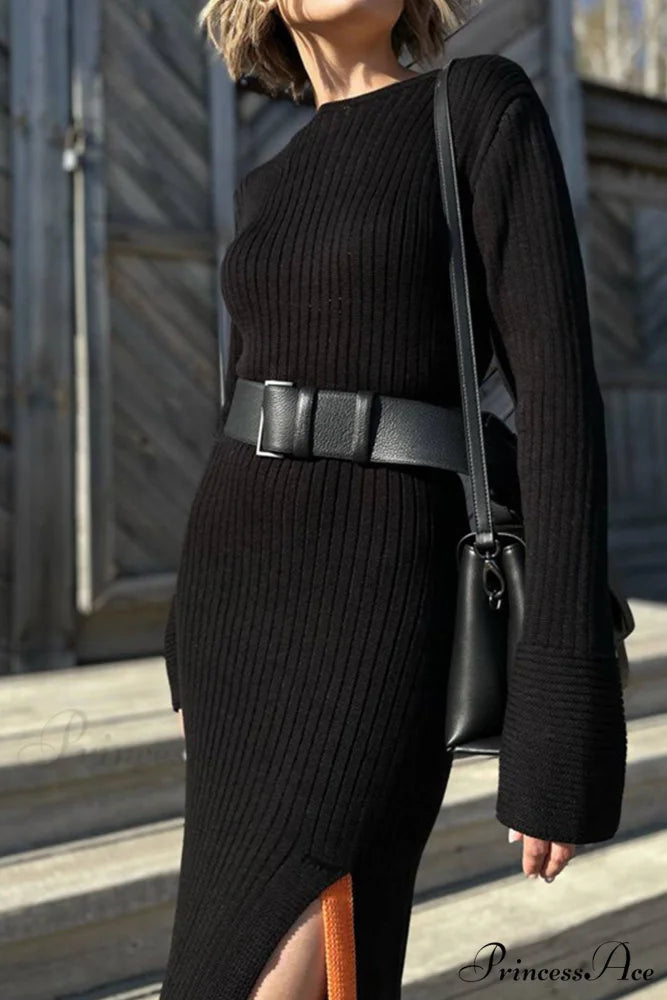 Ribbed Knit Side Slit Dress with Contrast Black / L