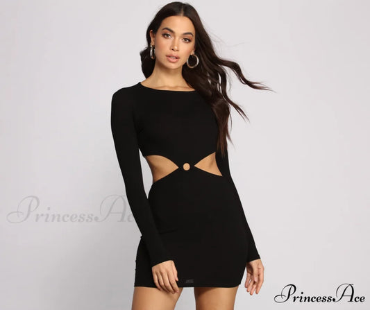 Ribbed Knit Stylish O-Ring Mini Dress BLACK / XS