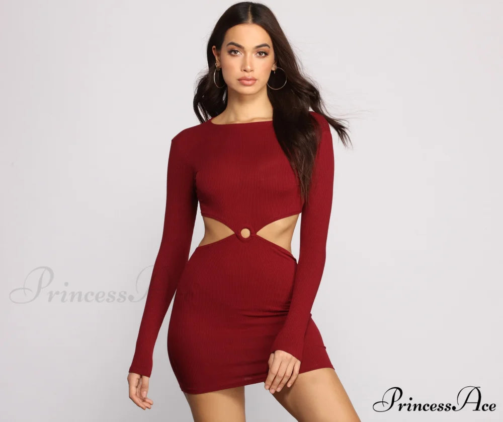 Ribbed Knit Stylish O-Ring Mini Dress BURGUNDY / XS
