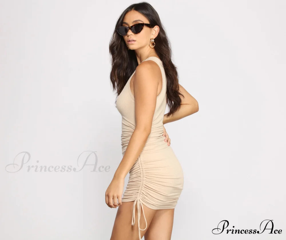Ribbed Knit Stylish Ruched Mini Dress