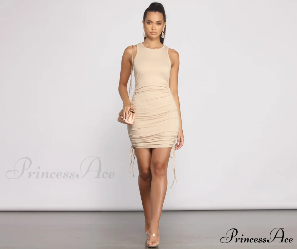 Ribbed Knit Stylish Ruched Mini Dress