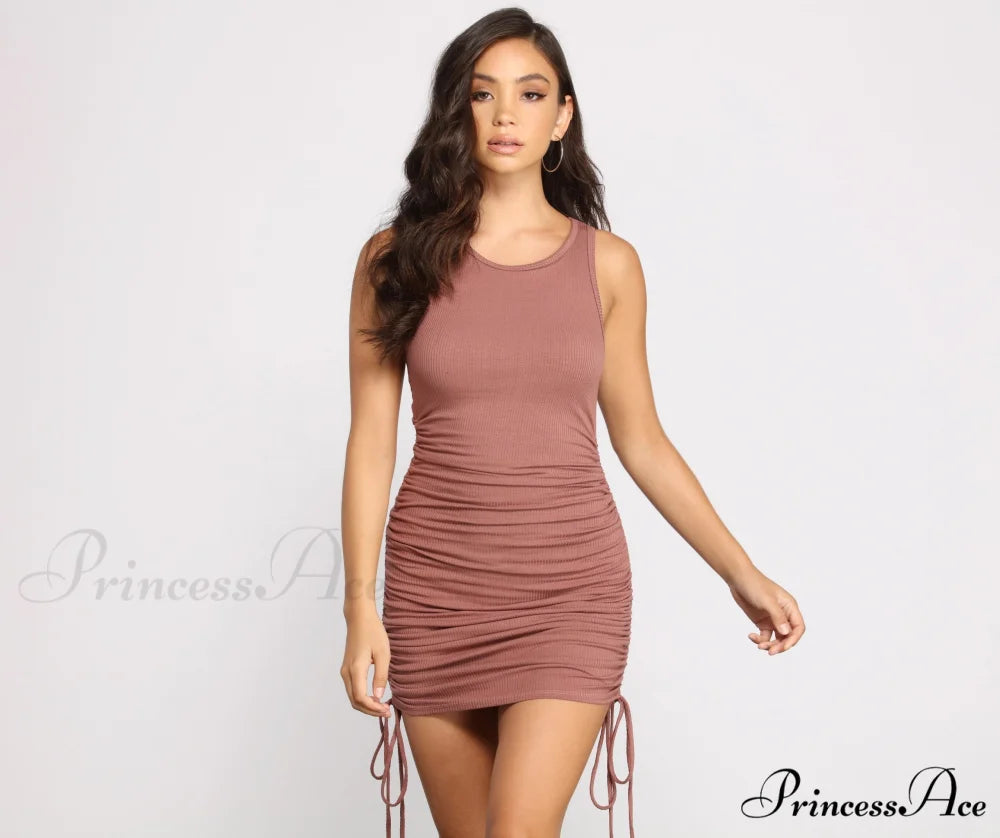 Ribbed Knit Stylish Ruched Mini Dress DARK MARSALA / XS