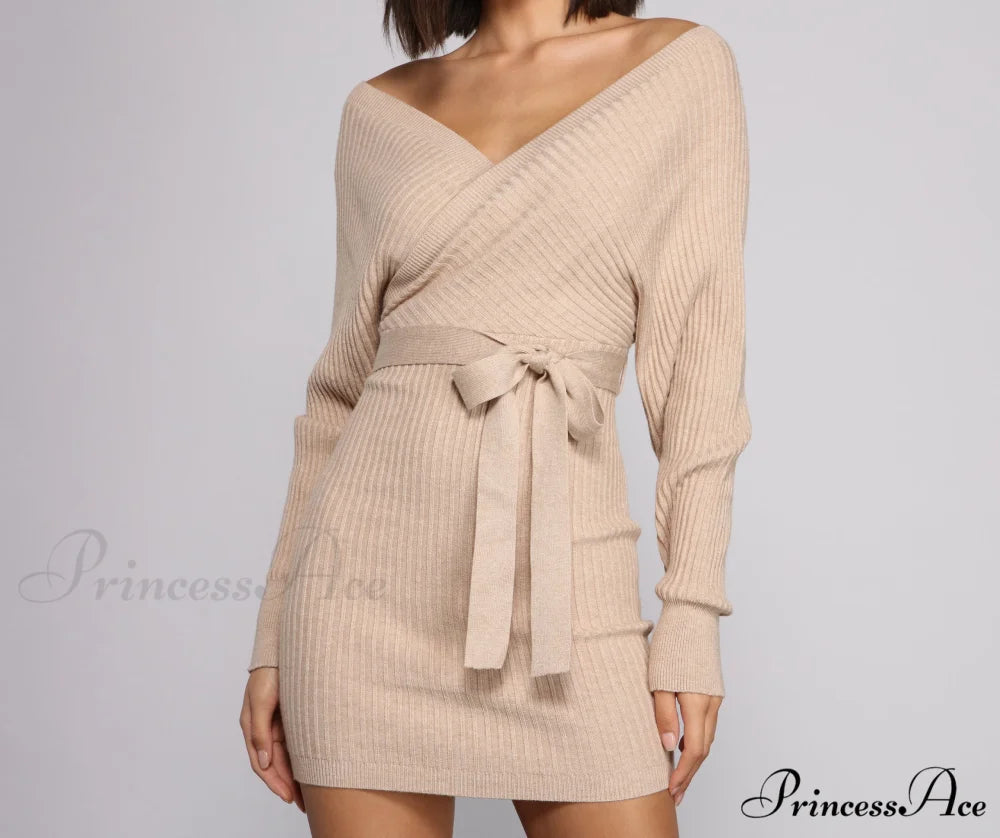 Ribbed Knit Tie-Front Charming Mini Sweater Dress