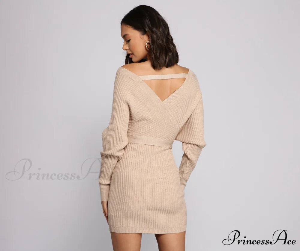 Ribbed Knit Tie-Front Charming Mini Sweater Dress