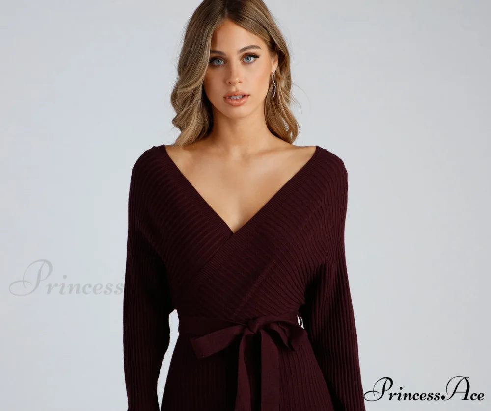 Ribbed Knit Tie-Front Charming Mini Sweater Dress