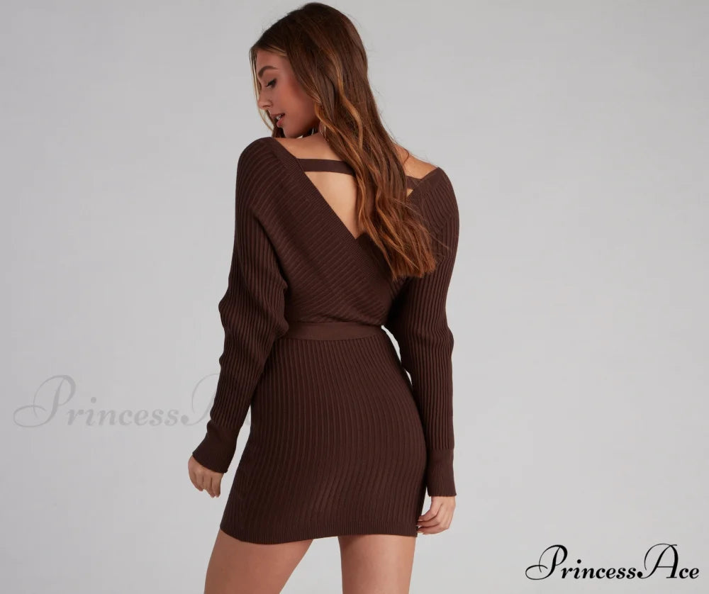 Ribbed Knit Tie-Front Charming Mini Sweater Dress