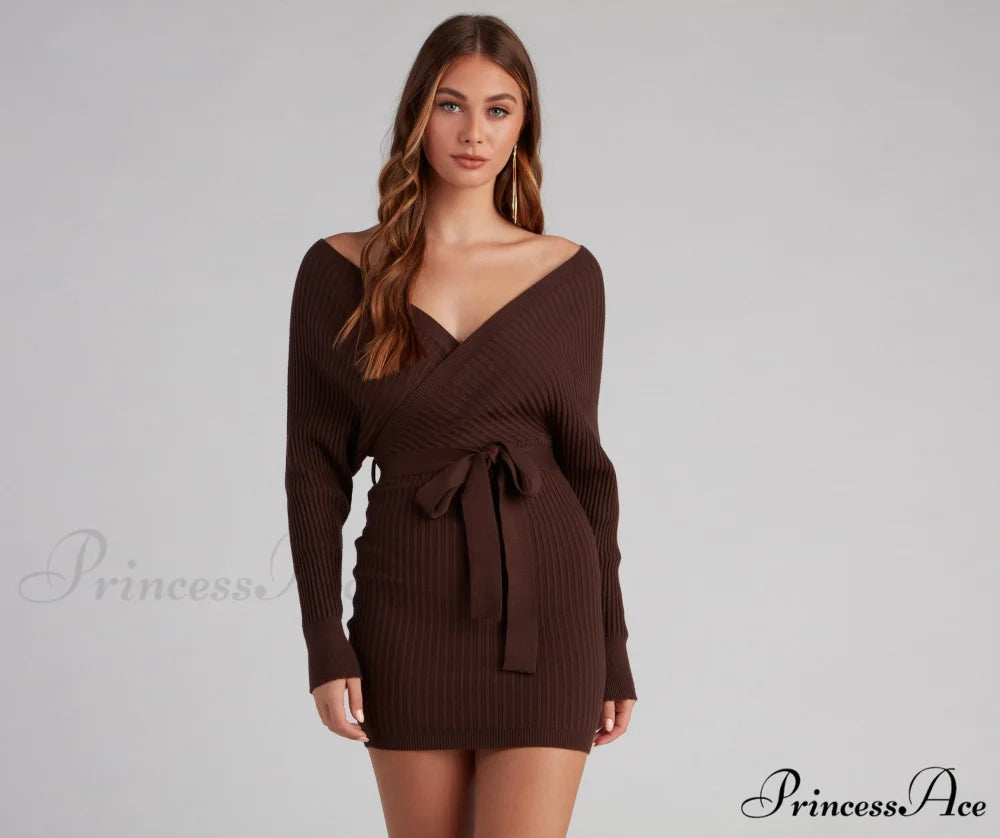 Ribbed Knit Tie-Front Charming Mini Sweater Dress BROWN / XS