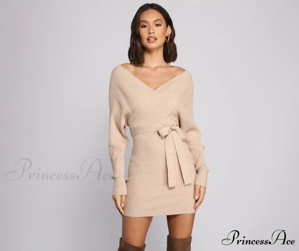 Ribbed Knit Tie-Front Charming Mini Sweater Dress NATURAL / XS