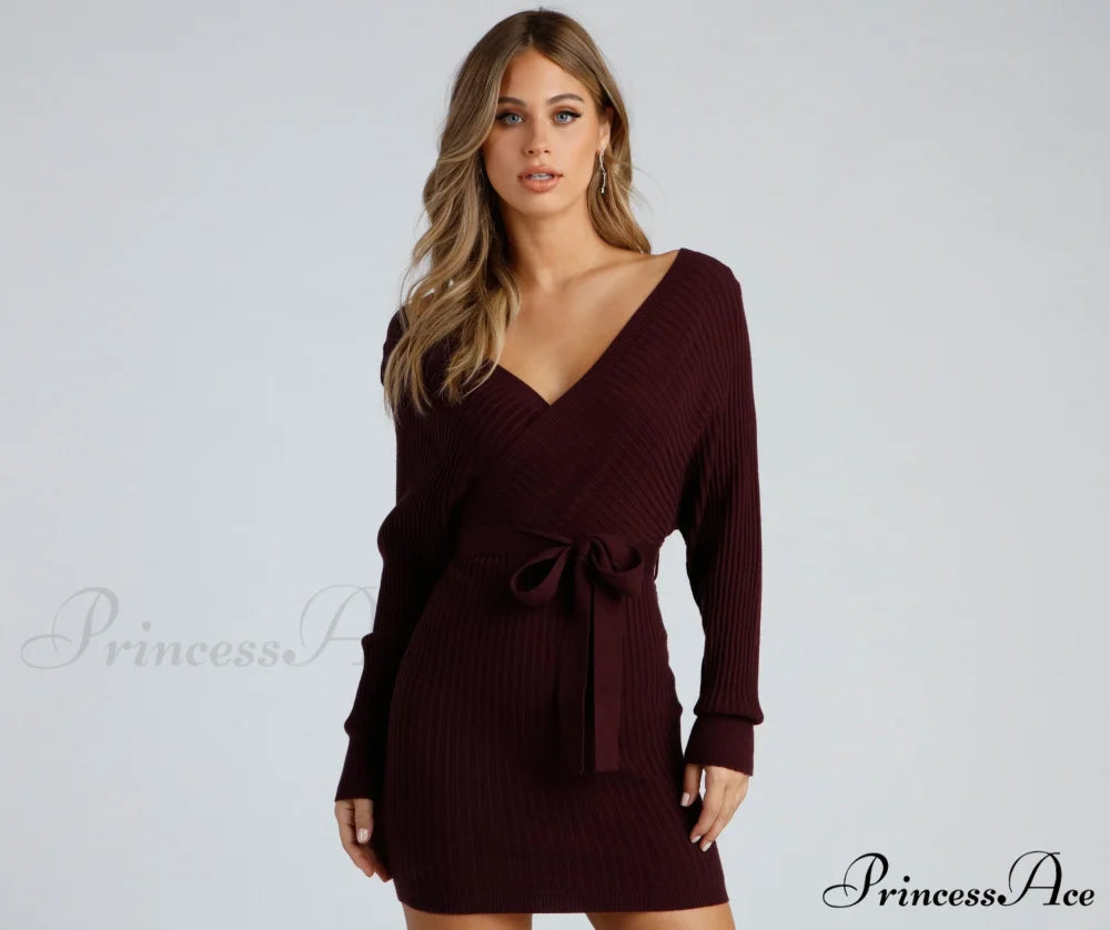 Ribbed Knit Tie-Front Charming Mini Sweater Dress PLUM / XS