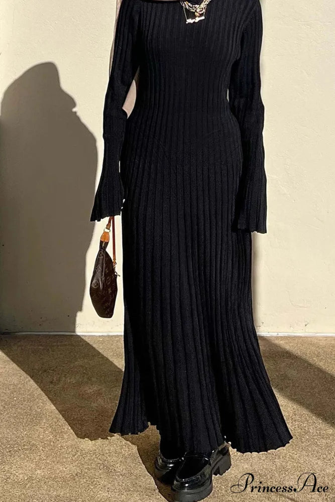 Ribbed Knit Tie-waist Dress Black / S