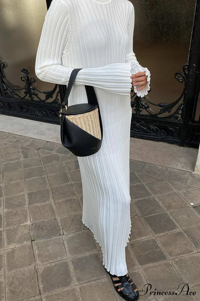 Ribbed Knit Tie-waist Dress White / L