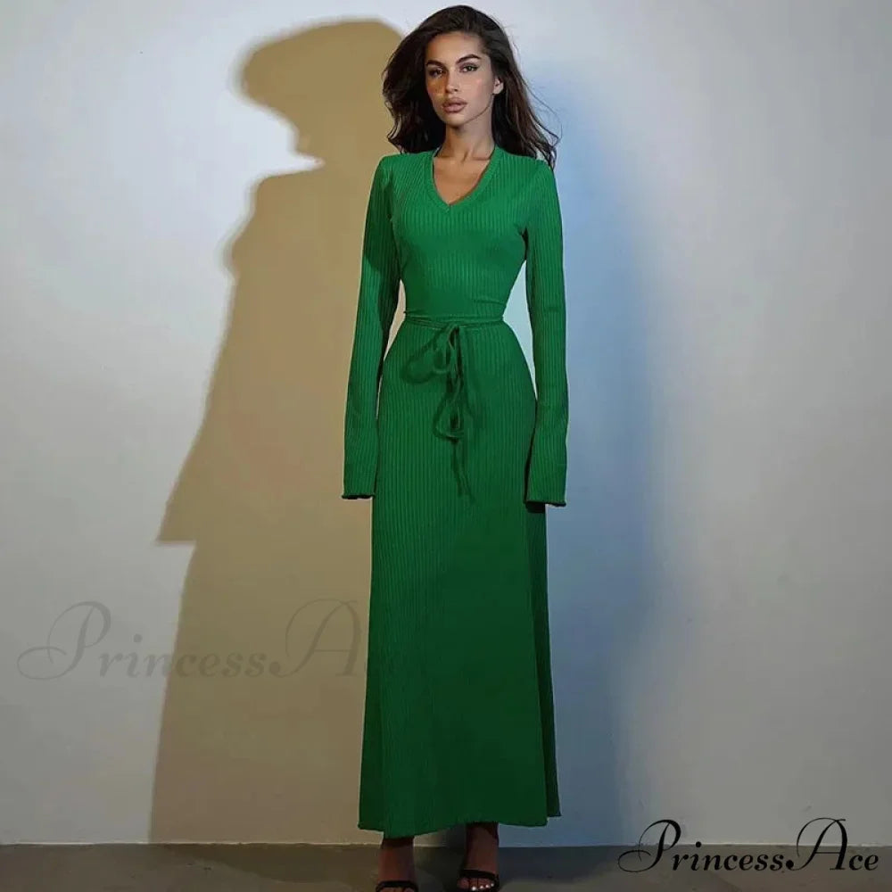 Ribbed Knitted Tie-detailed Fashionable Club-ready Birthday Autumnal Maxi Dress Green / S
