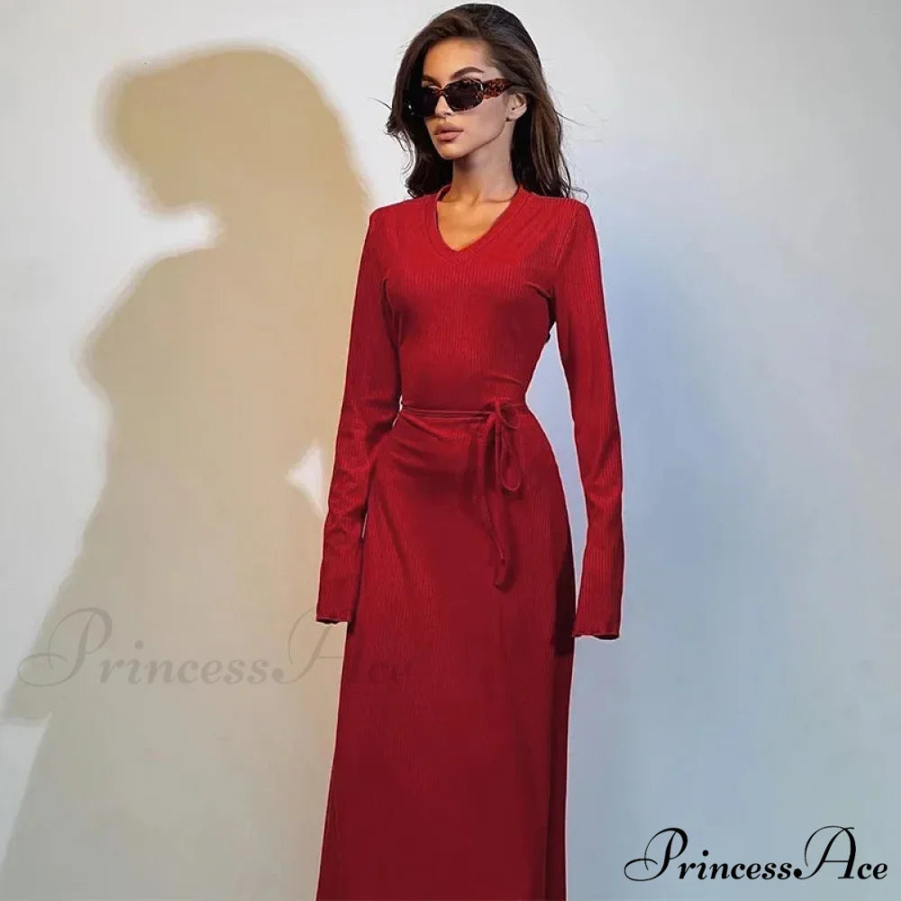Ribbed Knitted Tie-detailed Fashionable Club-ready Birthday Autumnal Maxi Dress Red / S