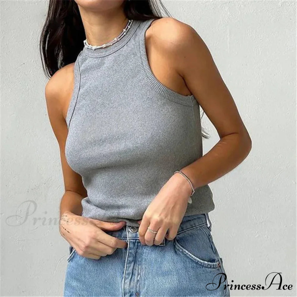 Ribbed Knitteds Neck Summer Shirts White Black Casual Sport Vest Off Shoulder Green Women’s Tank top GRAY / S