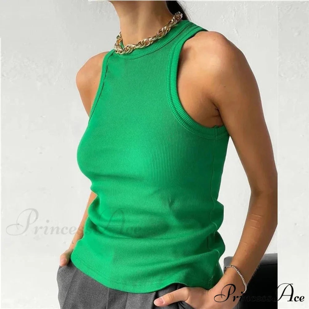Ribbed Knitteds Neck Summer Shirts White Black Casual Sport Vest Off Shoulder Green Women’s Tank top Green / S