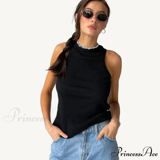 Ribbed Knitteds Neck Summer Shirts White Black Casual Sport Vest Off Shoulder Green Women’s Tank top Black / S