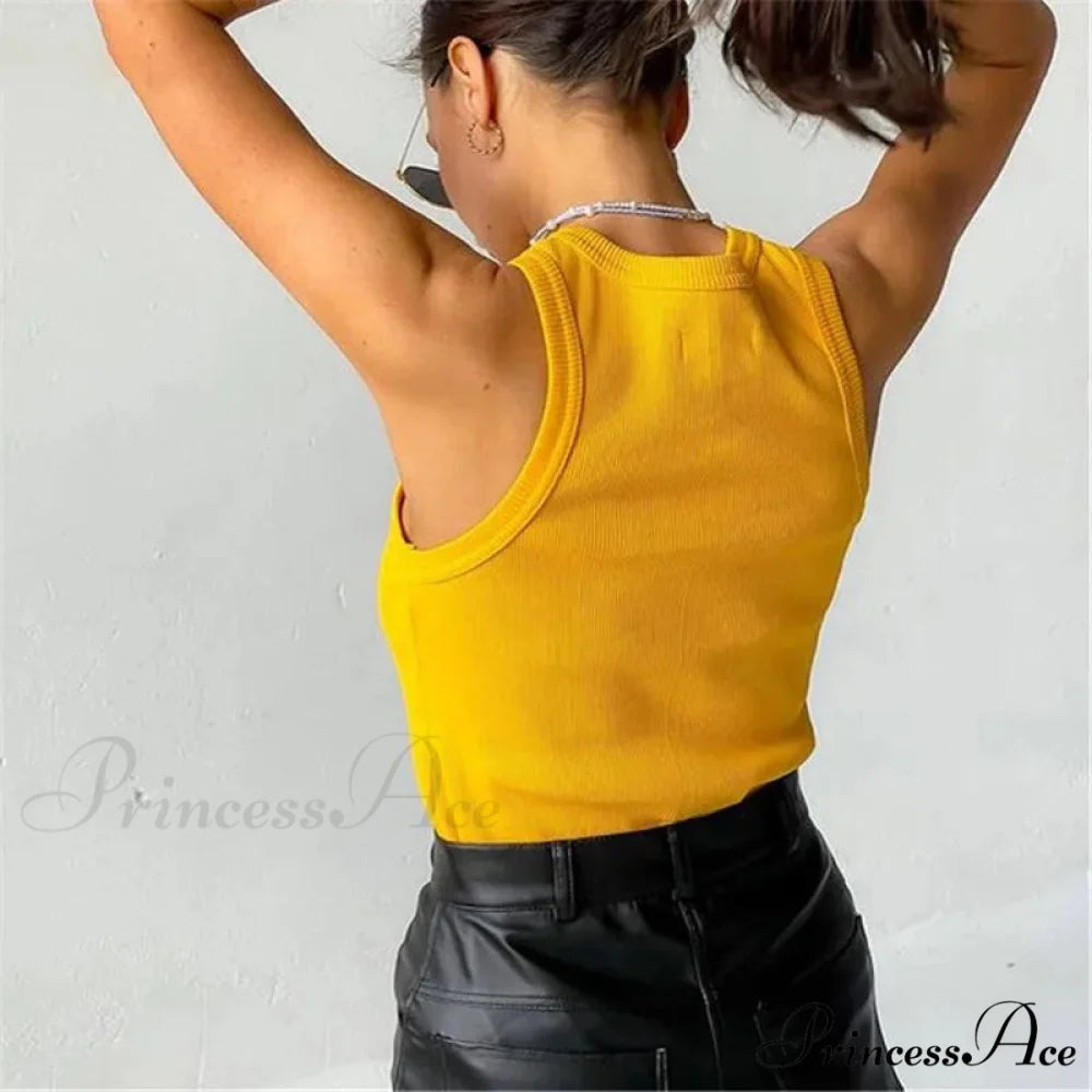 Ribbed Knitteds Neck Summer Shirts White Black Casual Sport Vest Off Shoulder Green Women’s Tank top Yellow / S