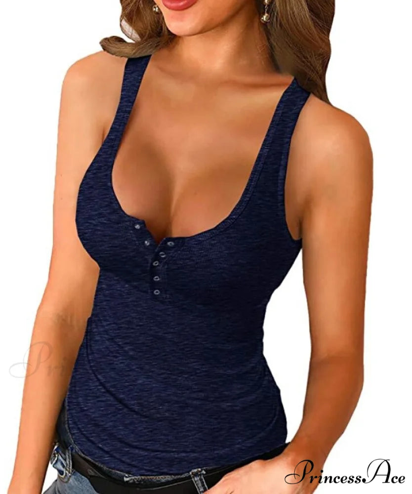 Ribbed Knitting Button U-neck Sleeveless Tank Top Navy Blue / S