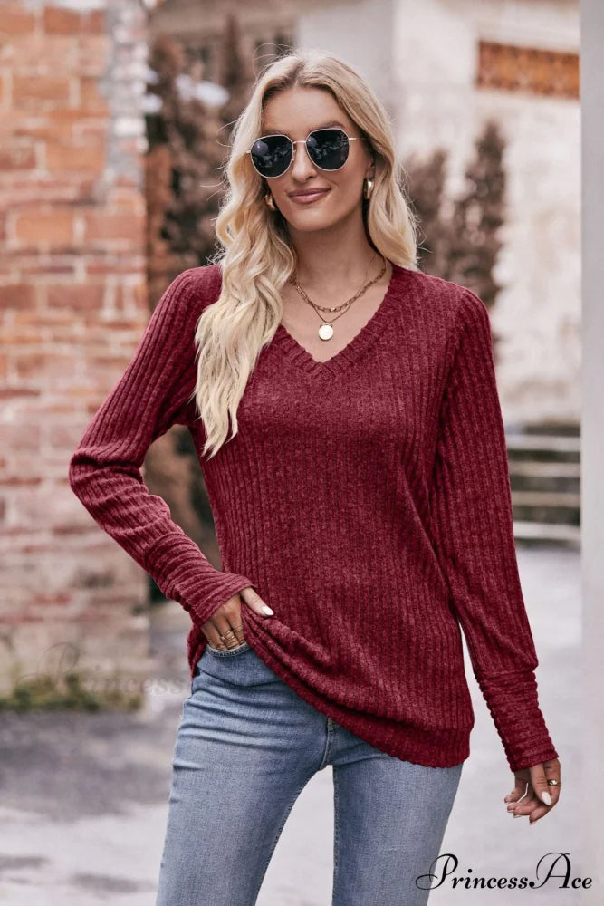 Ribbed Long Arm V-Neck Top Wine / S