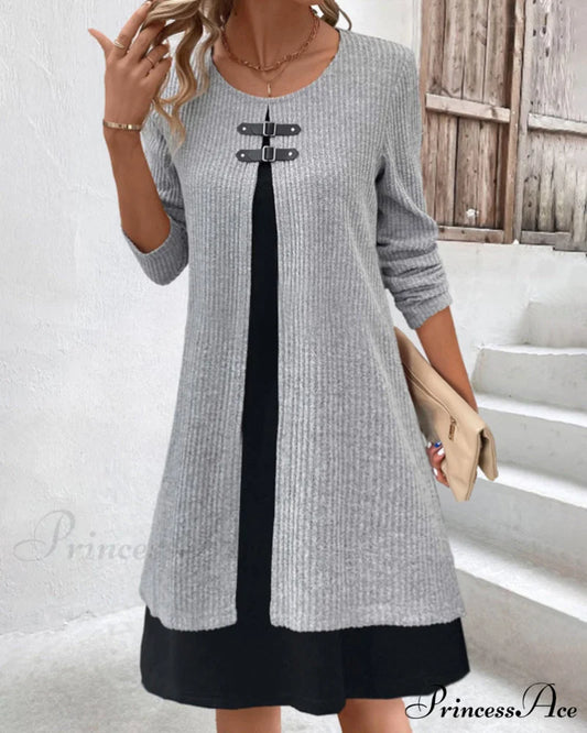 Ribbed Patchwork Long Sleeve Dress
