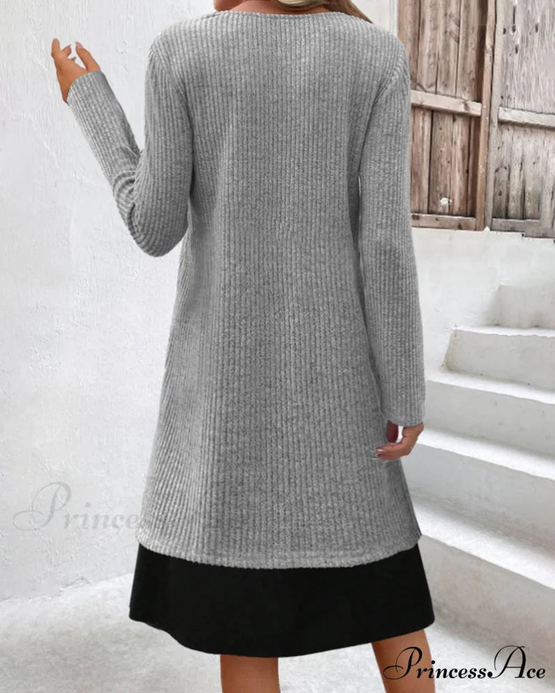 Ribbed Patchwork Long Sleeve Dress