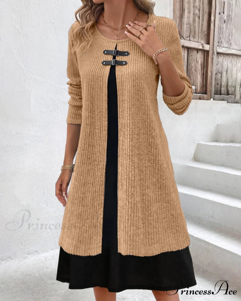 Ribbed Patchwork Long Sleeve Dress