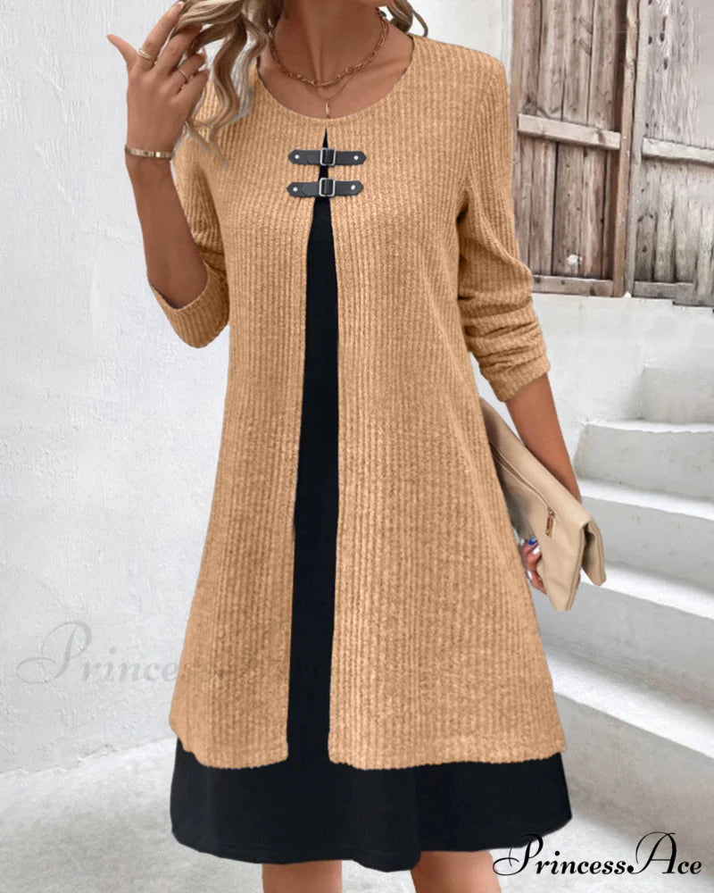 Ribbed Patchwork Long Sleeve Dress Brown / S