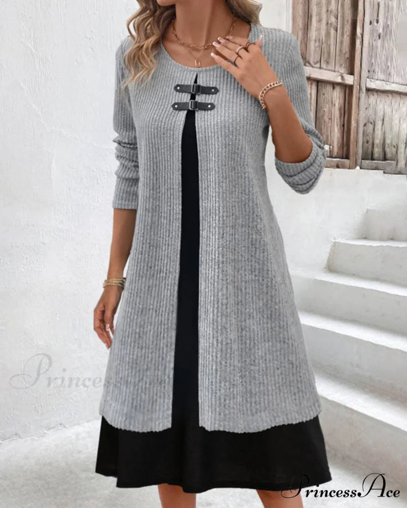 Ribbed Patchwork Long Sleeve Dress Gray / S