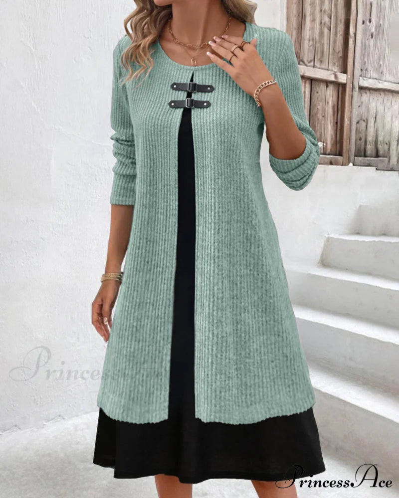Ribbed Patchwork Long Sleeve Dress Green / S