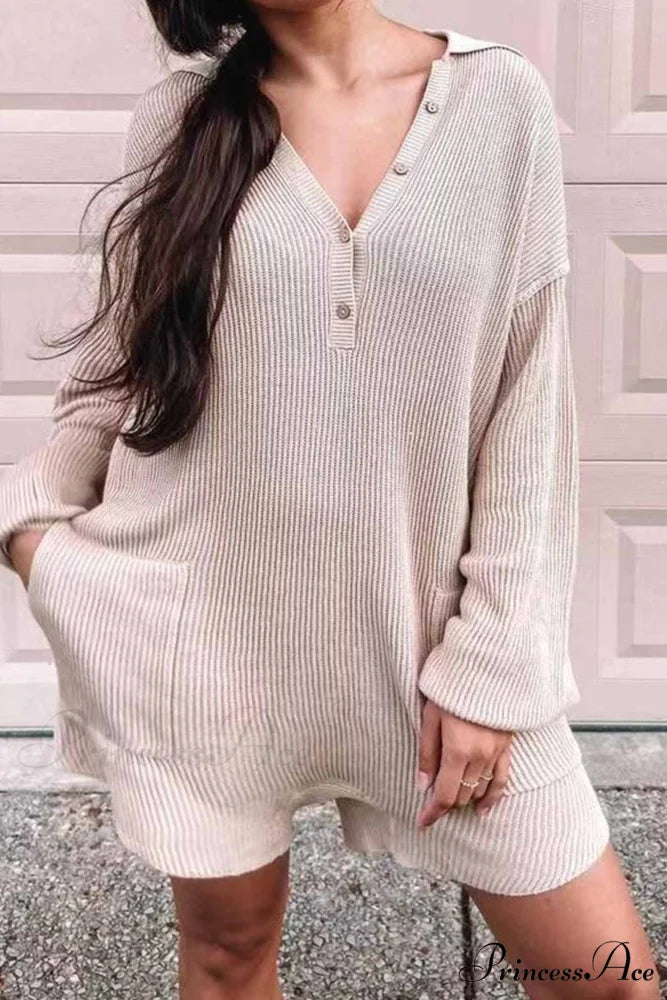 Ribbed Rompers with Lapel and Long Sleeves Beige / L