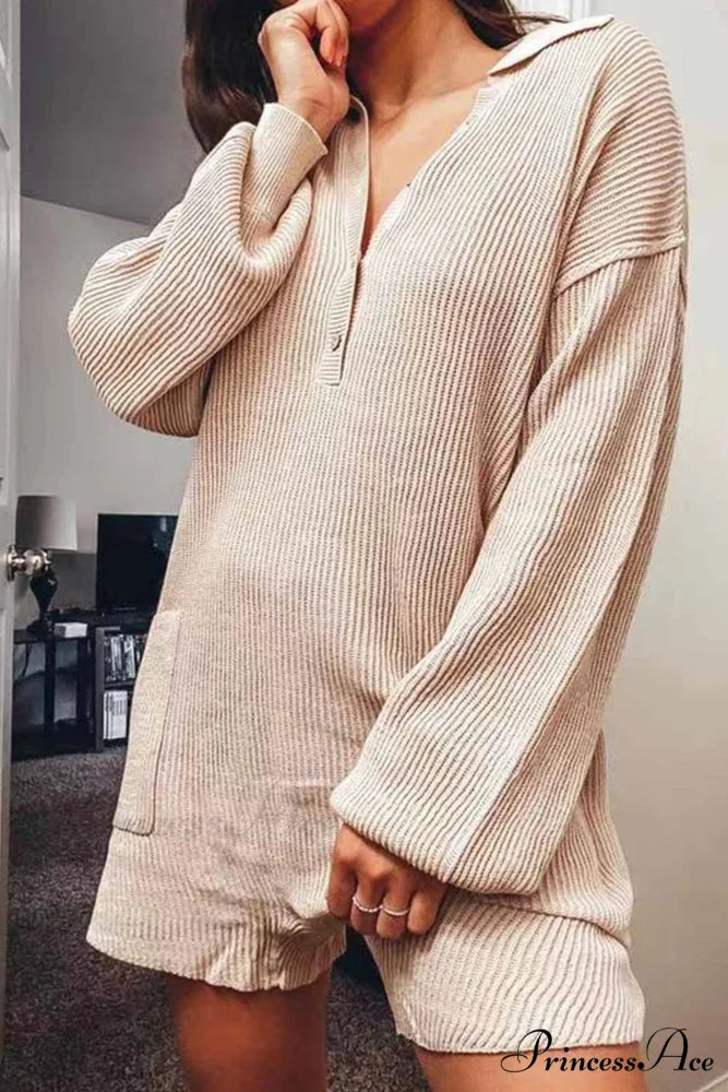 Ribbed Rompers with Lapel and Long Sleeves Beige / S