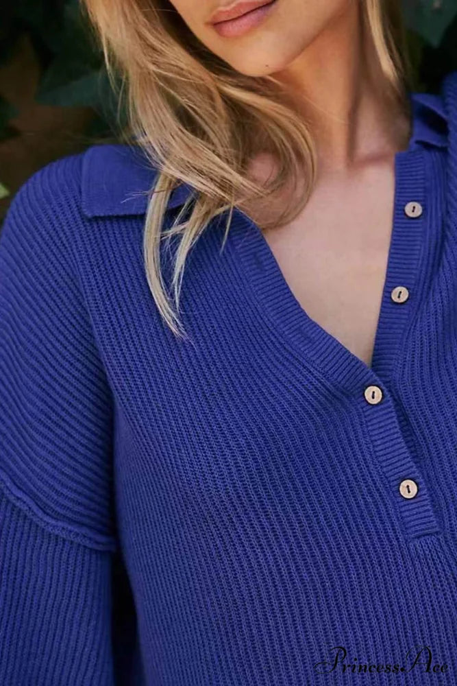 Ribbed Rompers with Lapel and Long Sleeves Blue / L