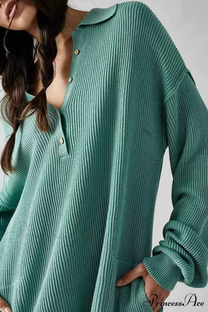 Ribbed Rompers with Lapel and Long Sleeves Green / L