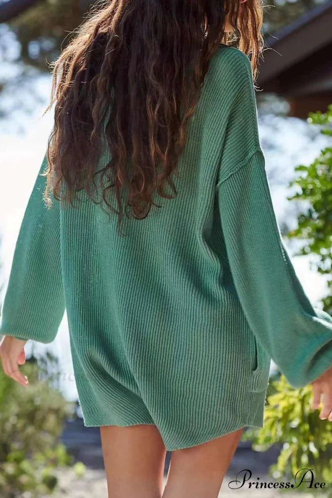 Ribbed Rompers with Lapel and Long Sleeves Green / M