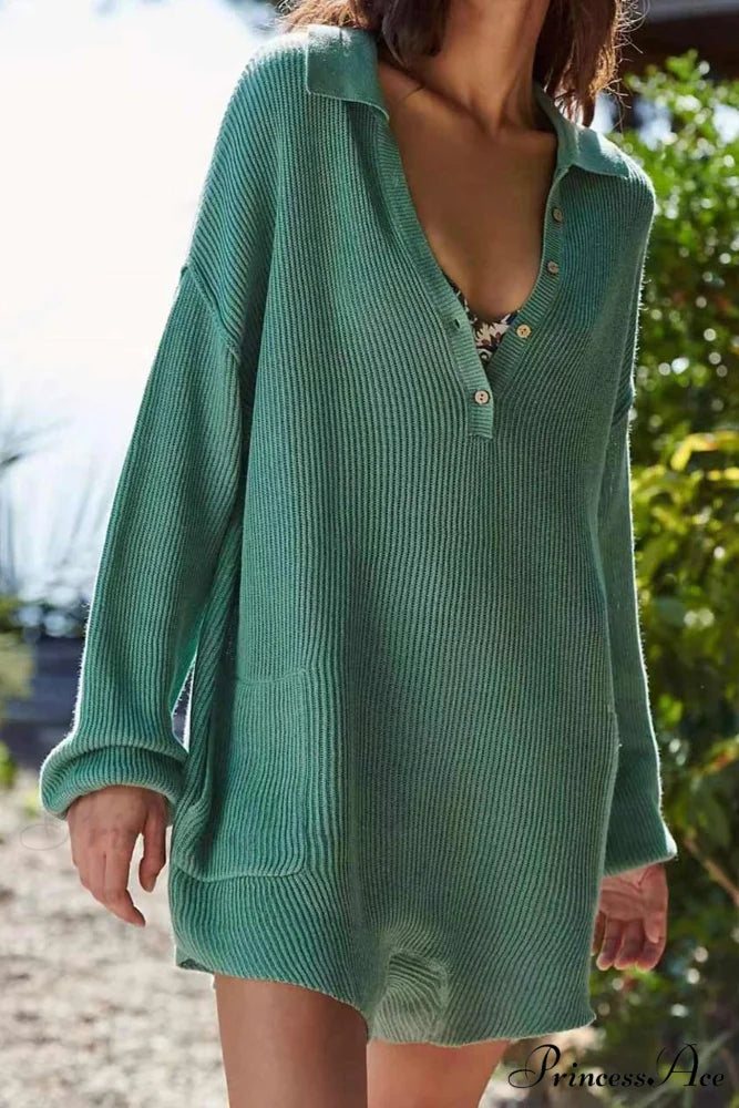 Ribbed Rompers with Lapel and Long Sleeves Green / S